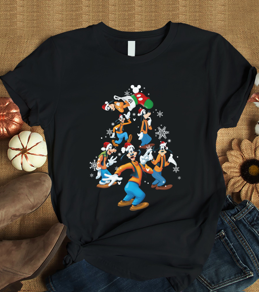 Disney Goofy Christmas Tree With Santa Hat And Snowflakes T-Shirt