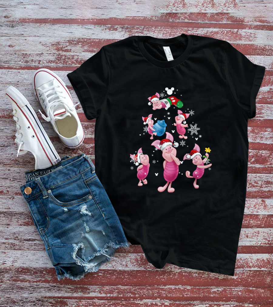 Piglet Christmas Snowflakes And Santa Hat Magic T-Shirt