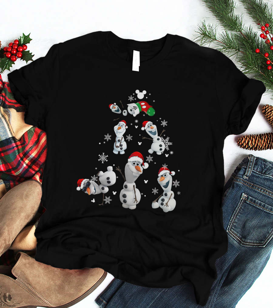 Olaf Snowman Christmas Disney Mickey Mouse Ears Santa Hat Snowflakes T-Shirt