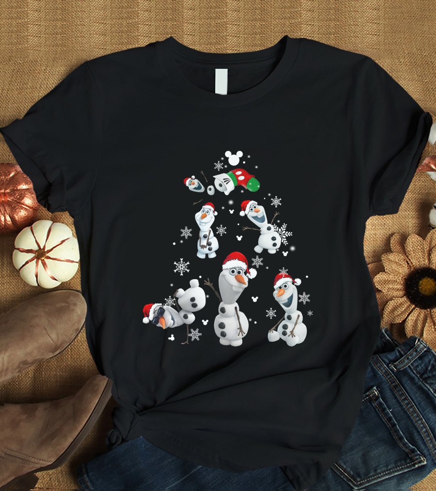 Olaf Snowman Christmas Disney Mickey Mouse Ears Santa Hat Snowflakes T-Shirt