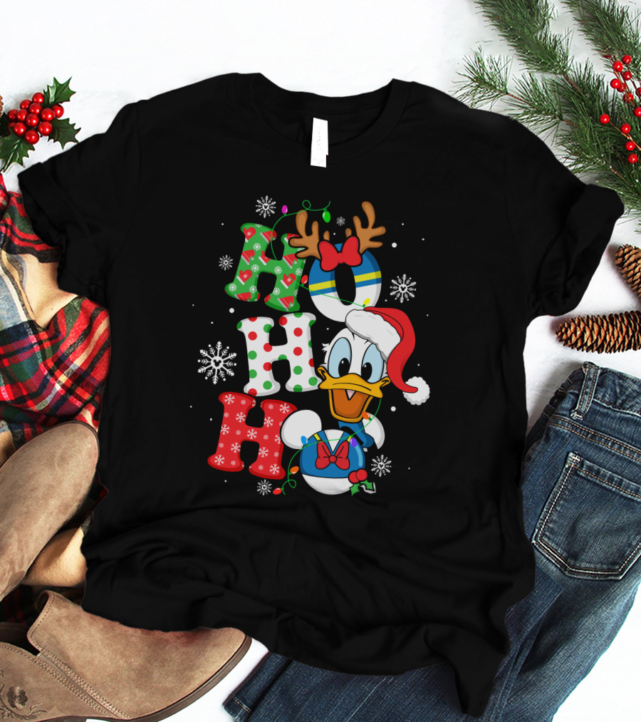 Donald Duck Ho Ho Ho Christmas Snowflakes Reindeer Antlers Santa Hat T-Shirt