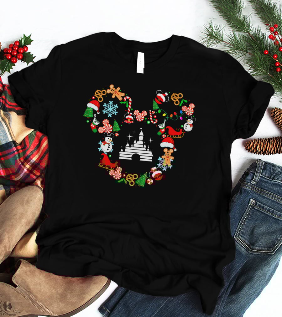 Disney Christmas Castle Mickey Head Holiday Icons T-Shirt