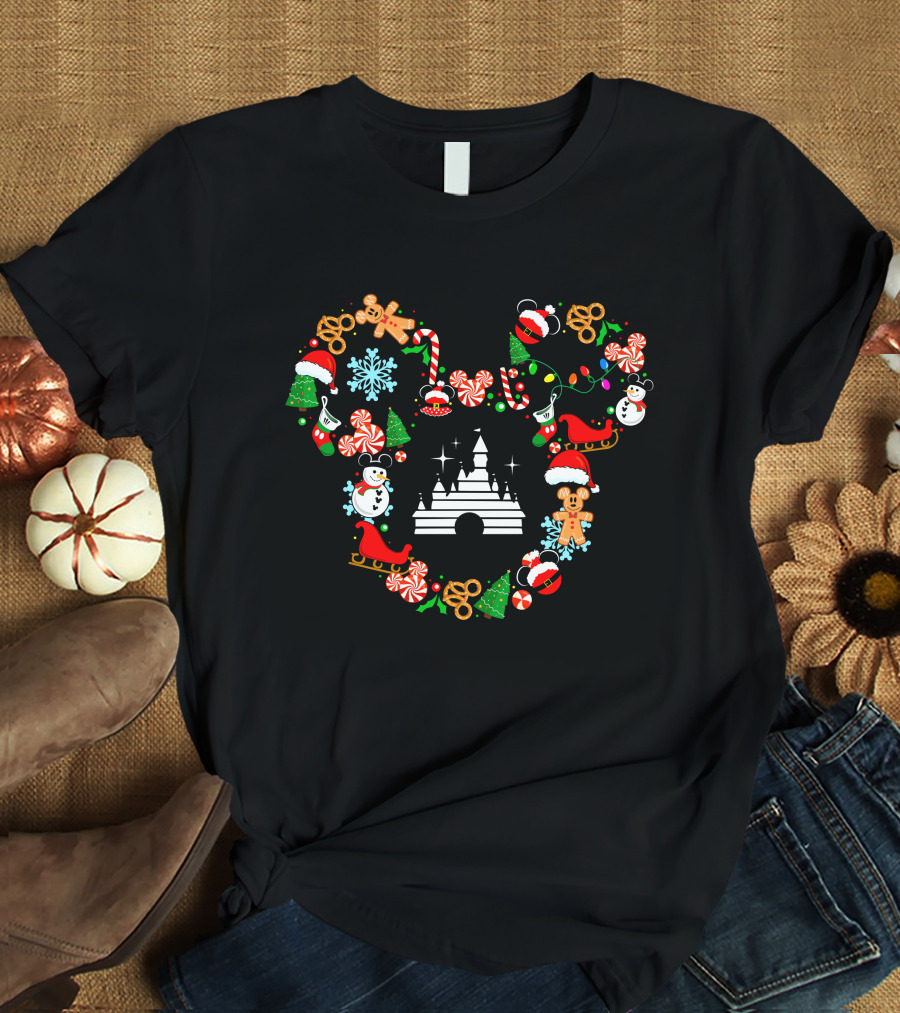 Disney Christmas Castle Mickey Head Holiday Icons T-Shirt
