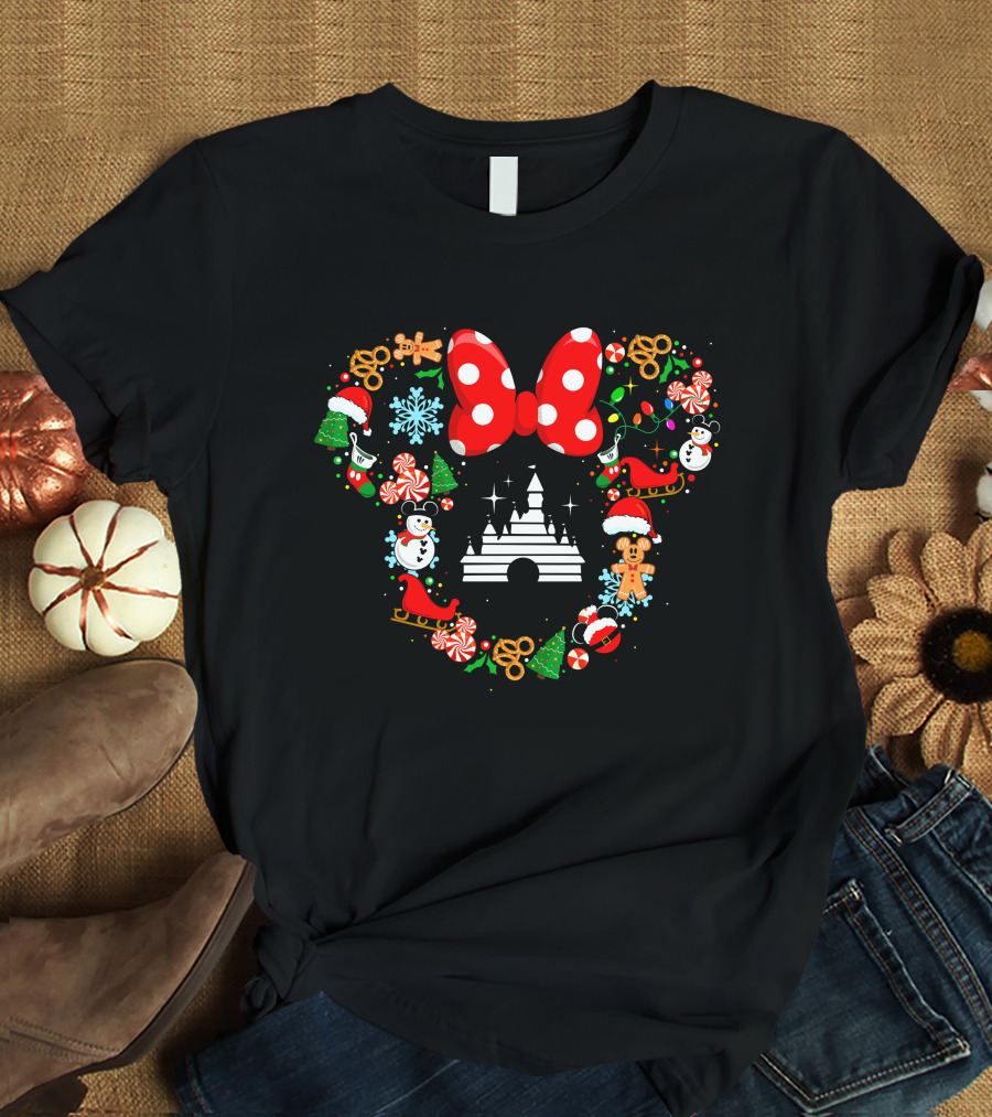 Mickey Icon Castle Christmas Bow Wreath Snowman Gingerbread T-Shirt