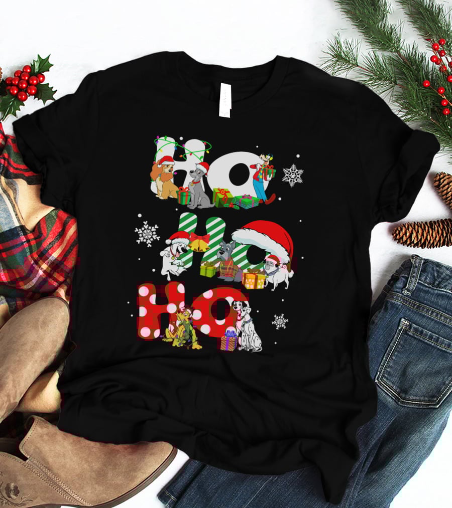 Ho Ho Ho Christmas Dogs And Snowflakes T-Shirt