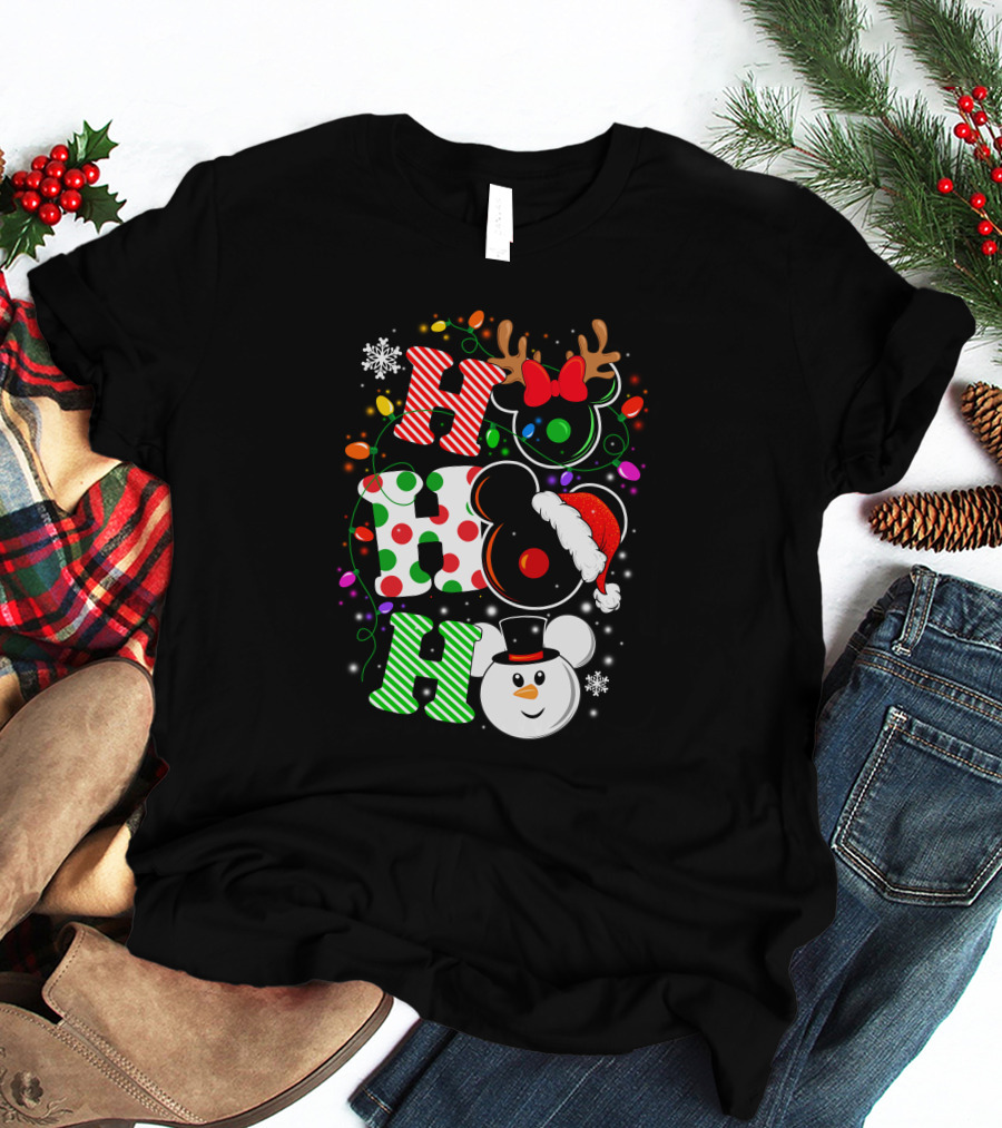 HHH Christmas Ho Ho Ho Disney Snowman Reindeer Ears Santa Hat Lights Bow T-Shirt