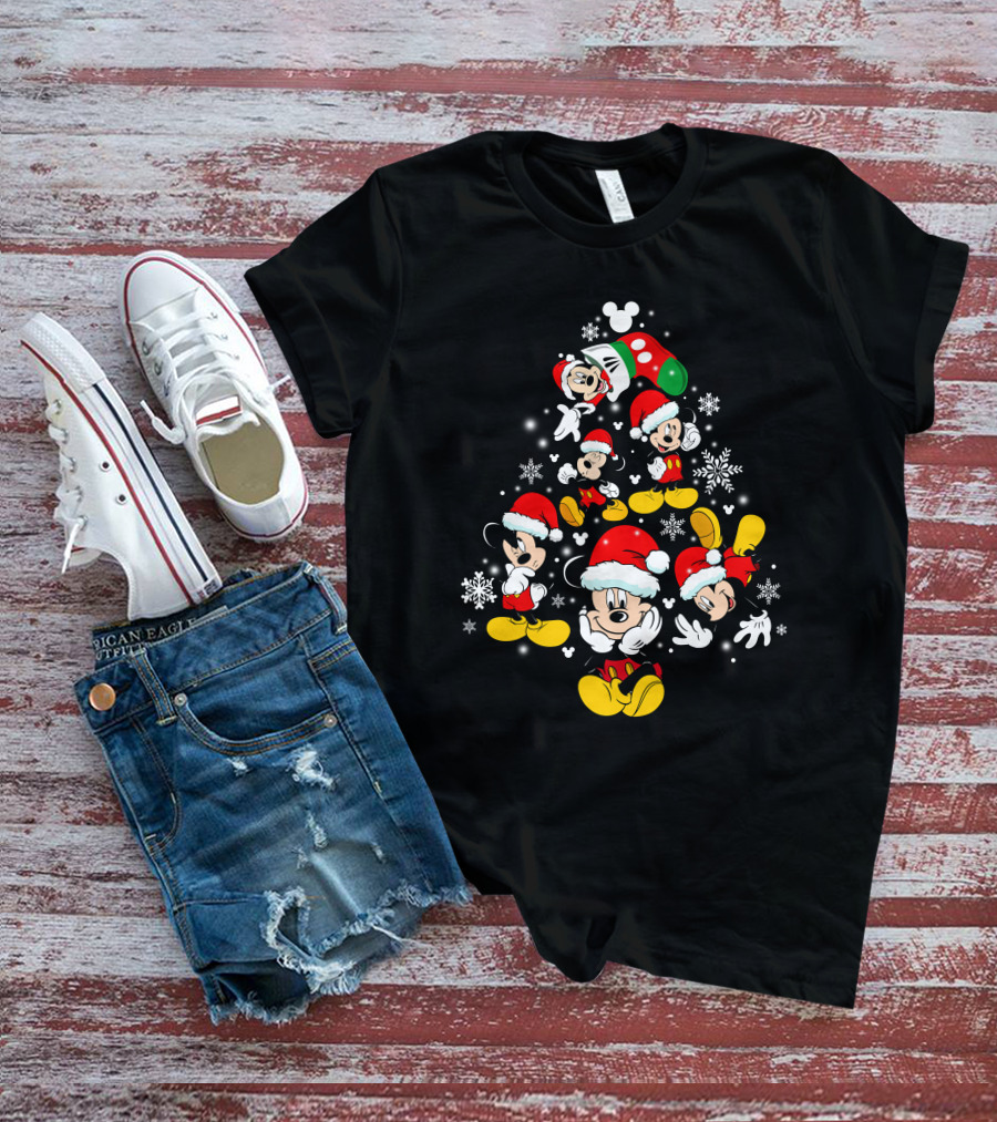 MK Tree Christmas Mickey Mouse Santa Snowflakes T-Shirt