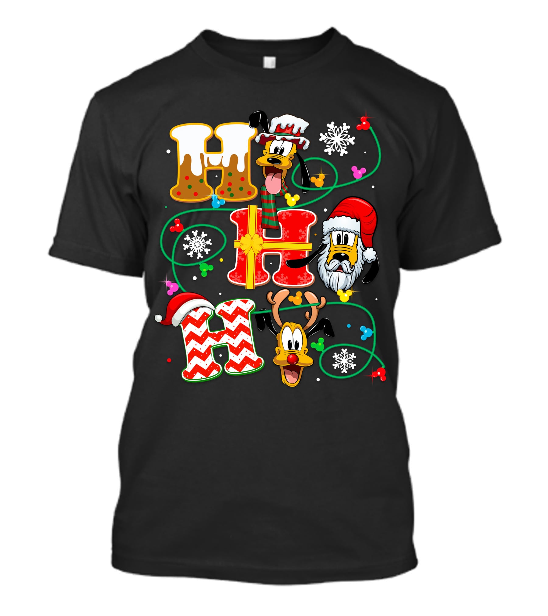 PLU HHH Christmas Goofy Dog With Santa Hats And Snowflakes T-Shirt
