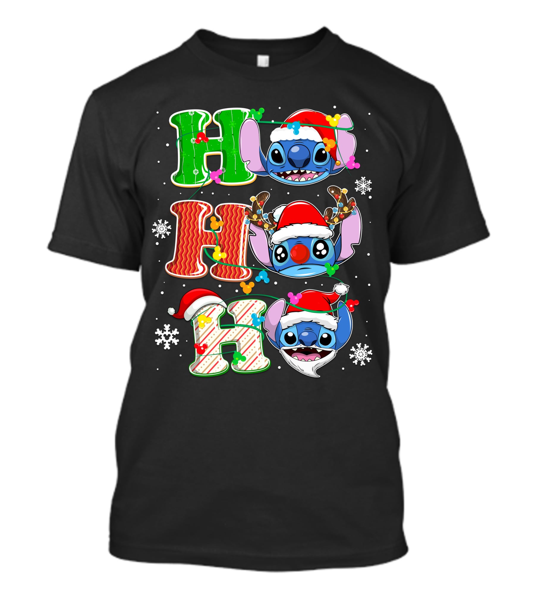 ST HHH Christmas Ho Ho Ho Stitch Holiday Sweater Santa Hat Snowflakes T-Shirt