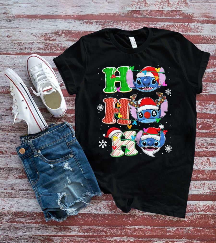 ST HHH Christmas Ho Ho Ho Stitch Holiday Sweater Santa Hat Snowflakes T-Shirt