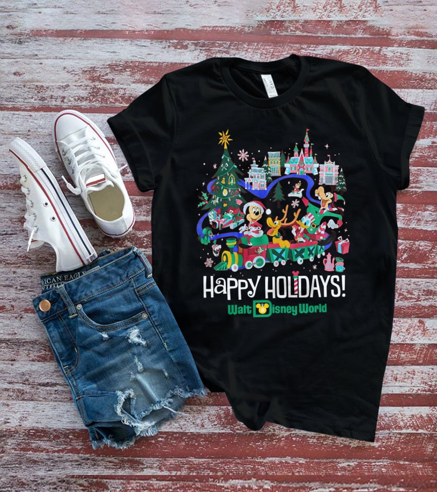 Walt Disney World Happy Holidays Christmas Mickey And Friends Festive Scene T-Shirt