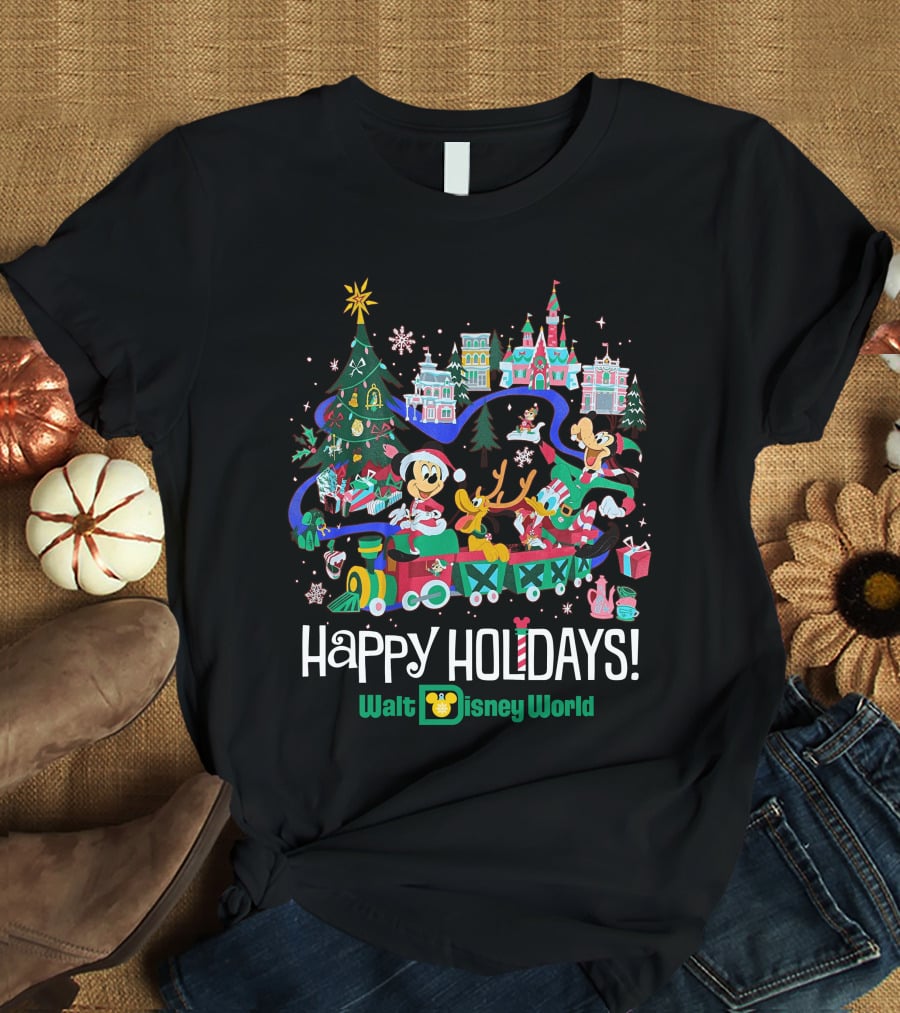 Walt Disney World Happy Holidays Christmas Mickey And Friends Festive Scene T-Shirt