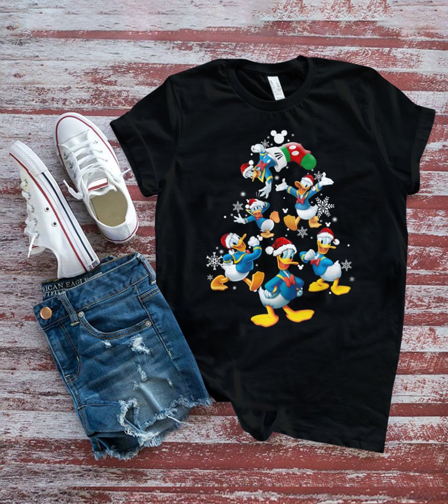 Donald Duck Christmas Tree Mickey Mouse Hat Snowflakes T-Shirt