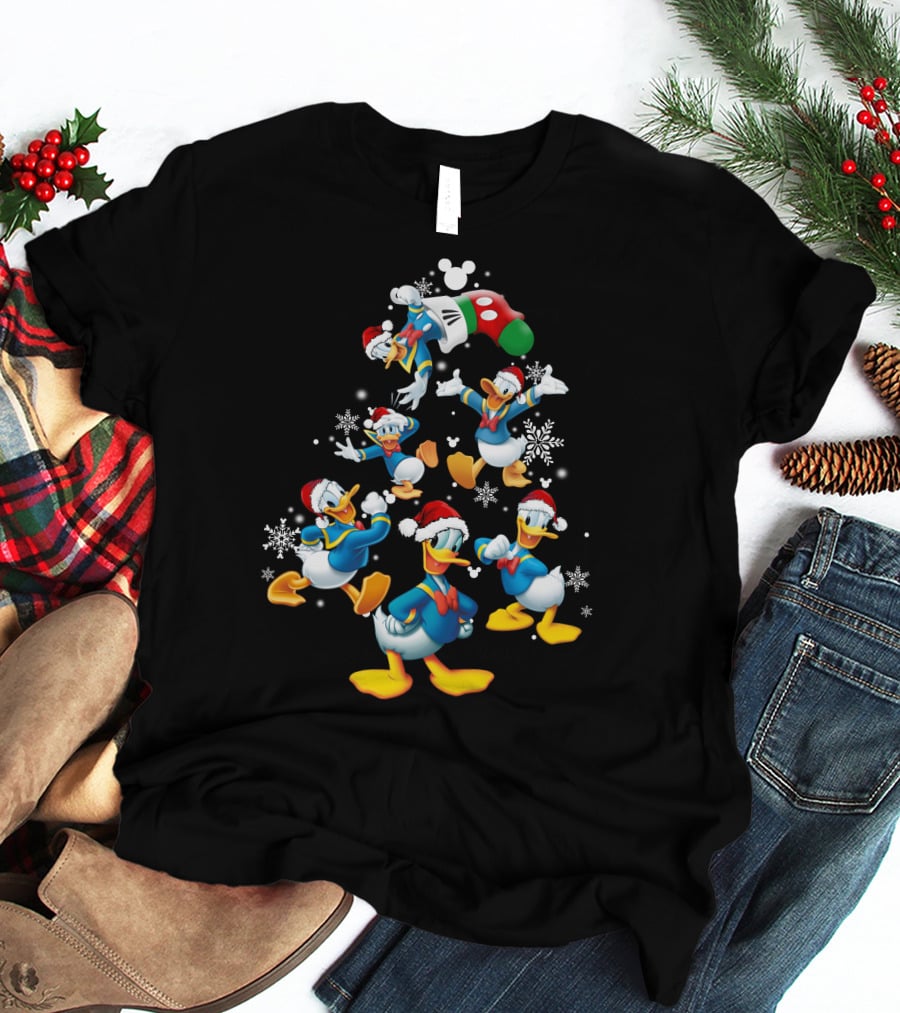 Donald Duck Christmas Tree Mickey Mouse Hat Snowflakes T-Shirt