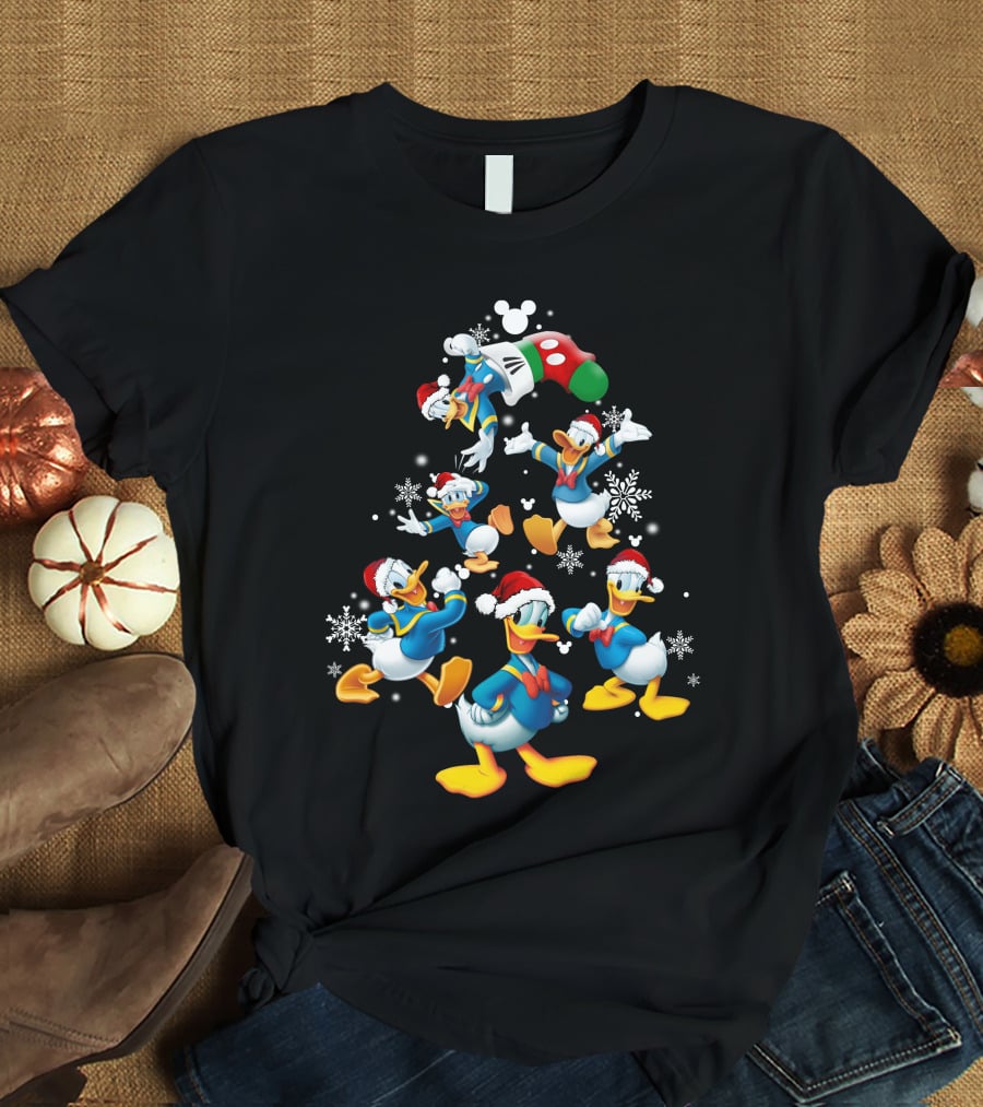 Donald Duck Christmas Tree Mickey Mouse Hat Snowflakes T-Shirt