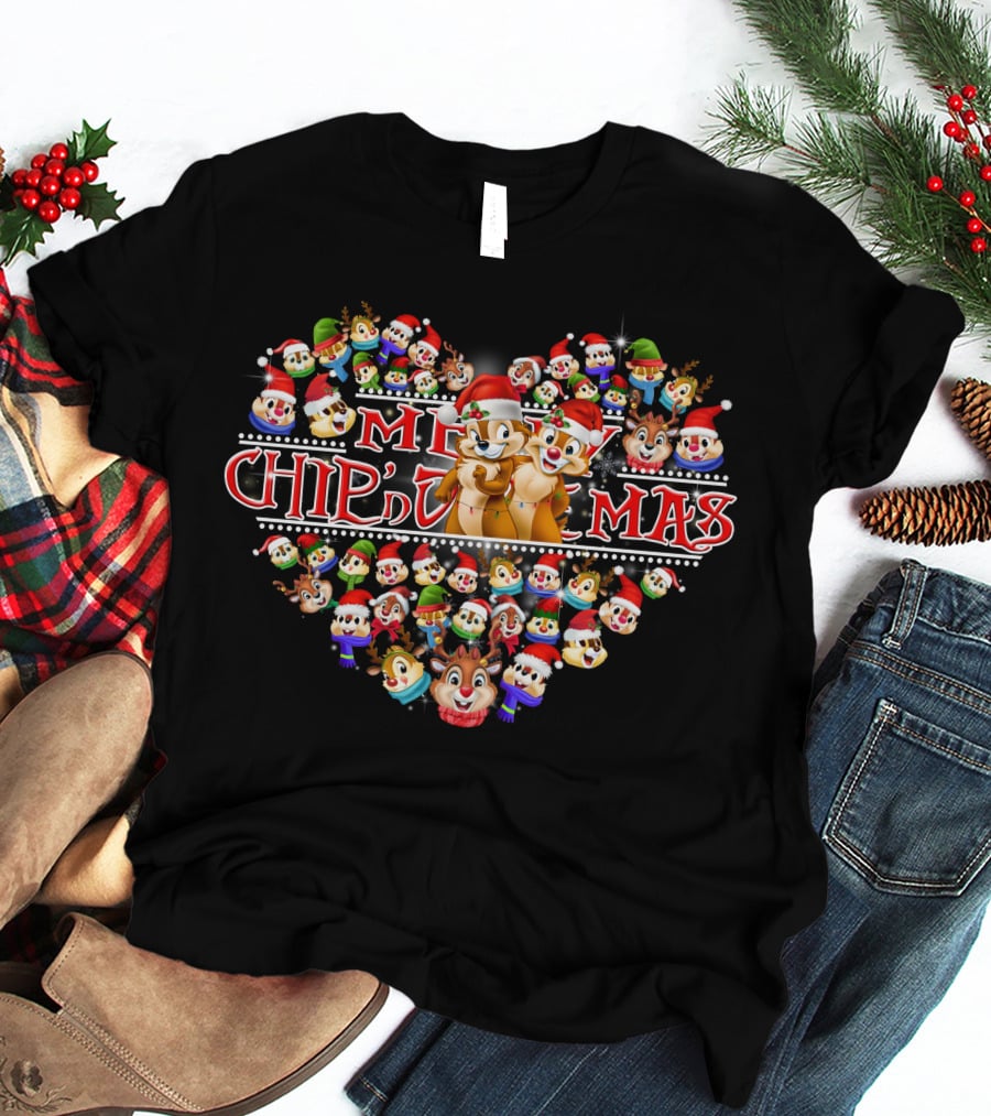 Merry Chip N Dale Christmas Heart With Festive Faces T-Shirt