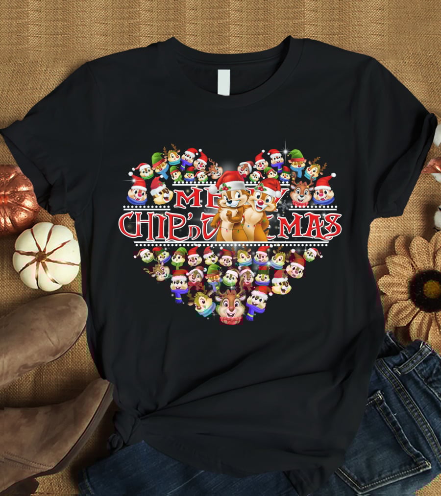 Merry Chip N Dale Christmas Heart With Festive Faces T-Shirt