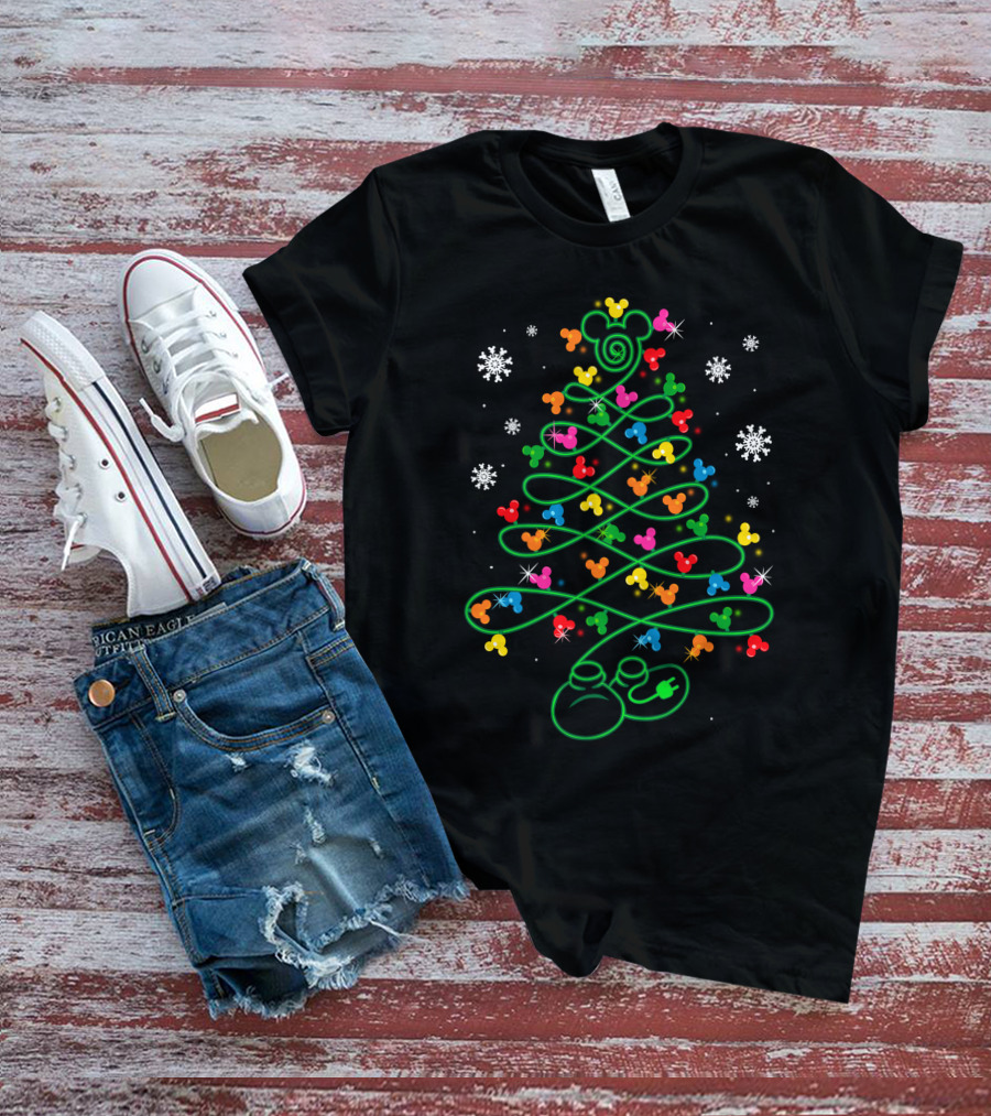 Mickey Mouse Christmas Tree With LED Lights And Snowflakes T-Shirt