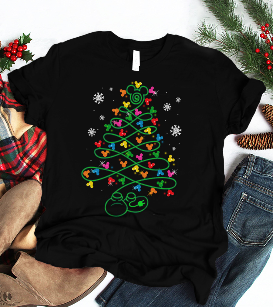 Mickey Mouse Christmas Tree With LED Lights And Snowflakes T-Shirt