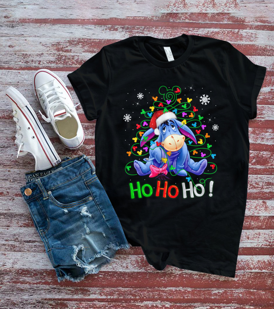 Eeyore Ho Ho Ho Christmas Tree Santa Hat Snowflakes Holiday Disney T-Shirt