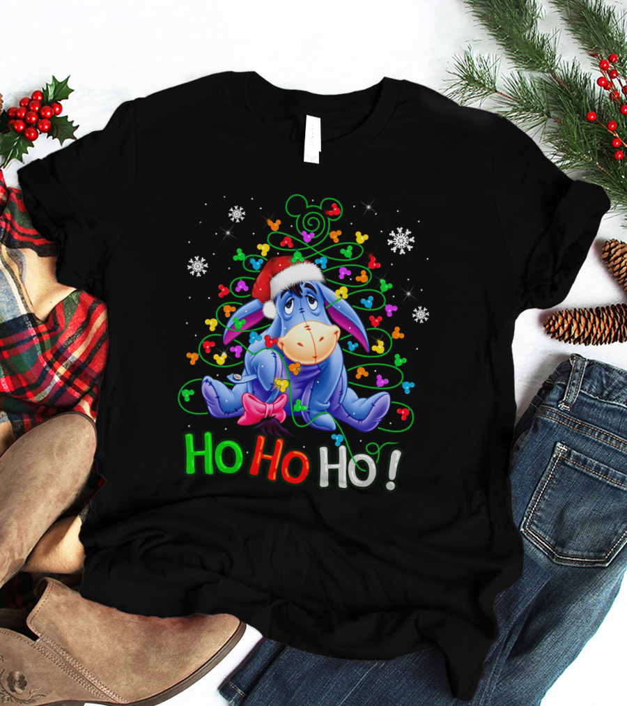Eeyore Ho Ho Ho Christmas Tree Santa Hat Snowflakes Holiday Disney T-Shirt