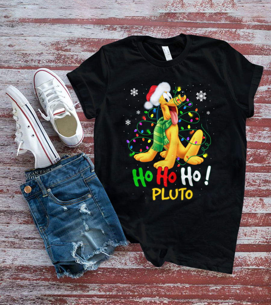 Pluto Ho Ho Ho Christmas Lights Santa Hat T-Shirt