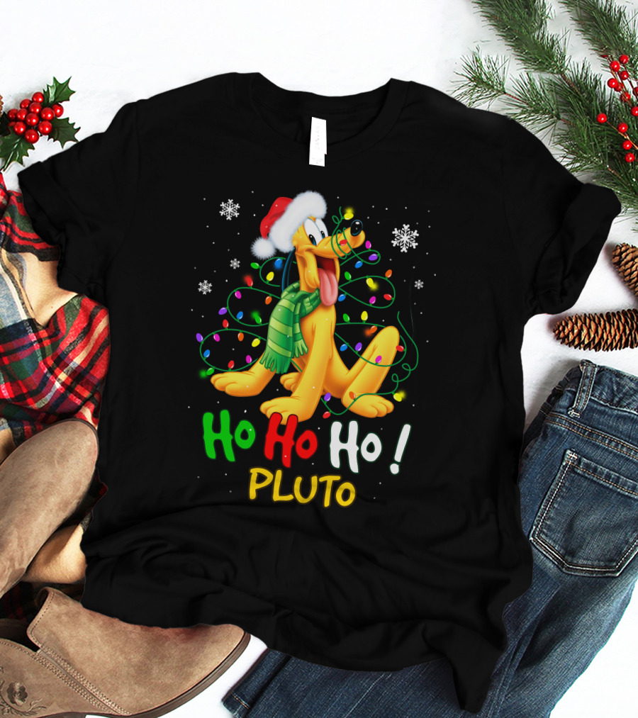 Pluto Ho Ho Ho Christmas Lights Santa Hat T-Shirt