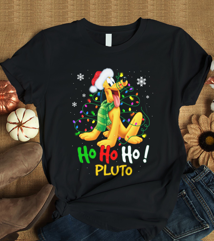 Pluto Ho Ho Ho Christmas Lights Santa Hat T-Shirt