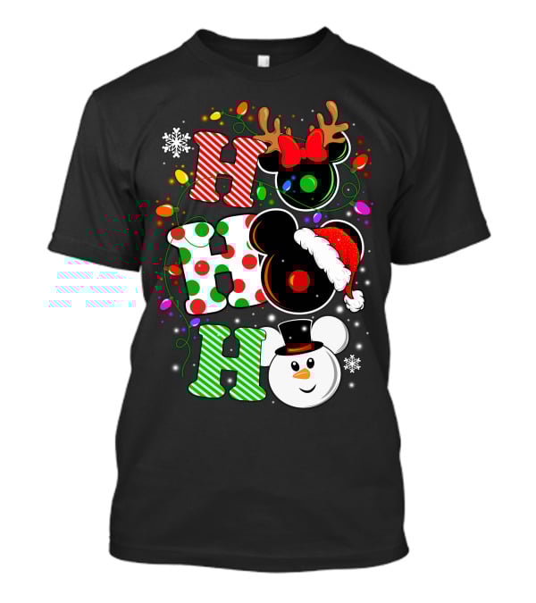 Disney Hohoho Christmas Mickey Mouse Holiday Lights Santa Hat Snowman Antlers T-Shirt