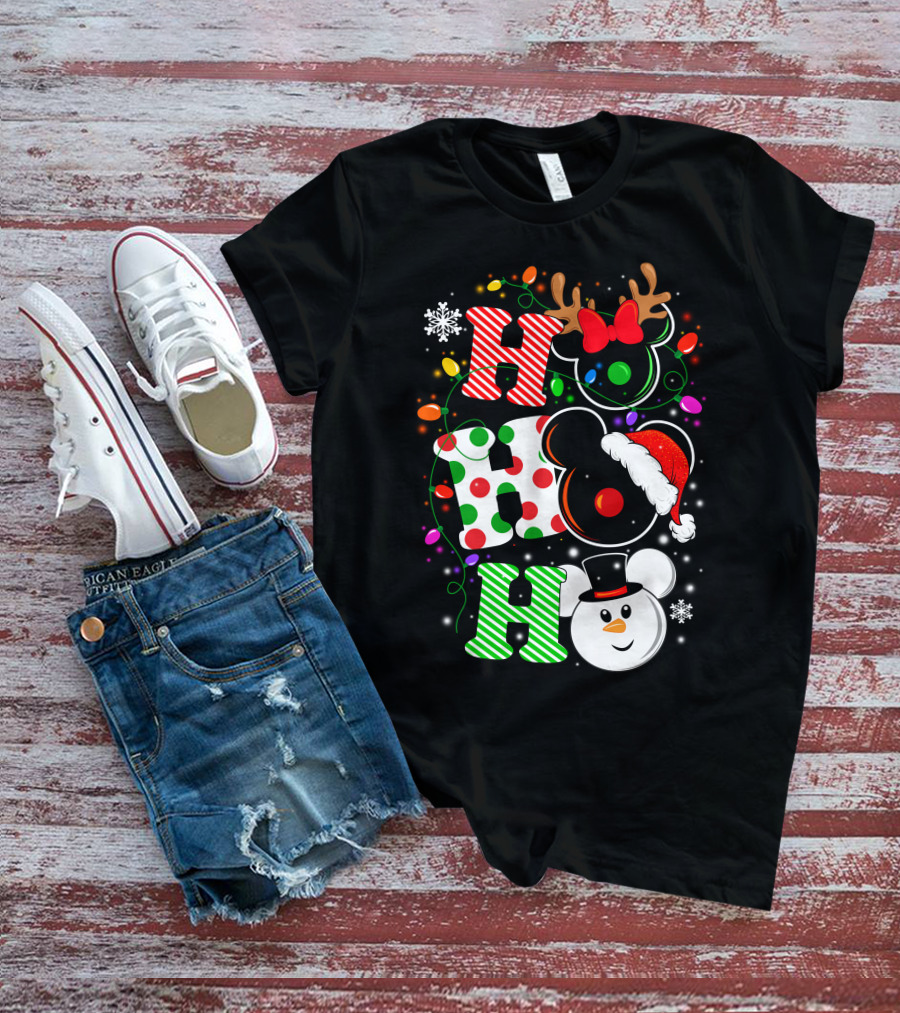 Disney Hohoho Christmas Mickey Mouse Holiday Lights Santa Hat Snowman Antlers T-Shirt