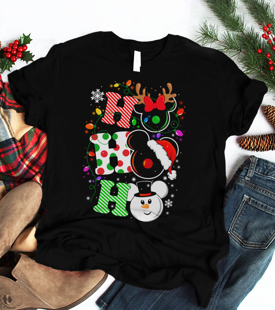 Disney Hohoho Christmas Mickey Mouse Holiday Lights Santa Hat Snowman Antlers T-Shirt