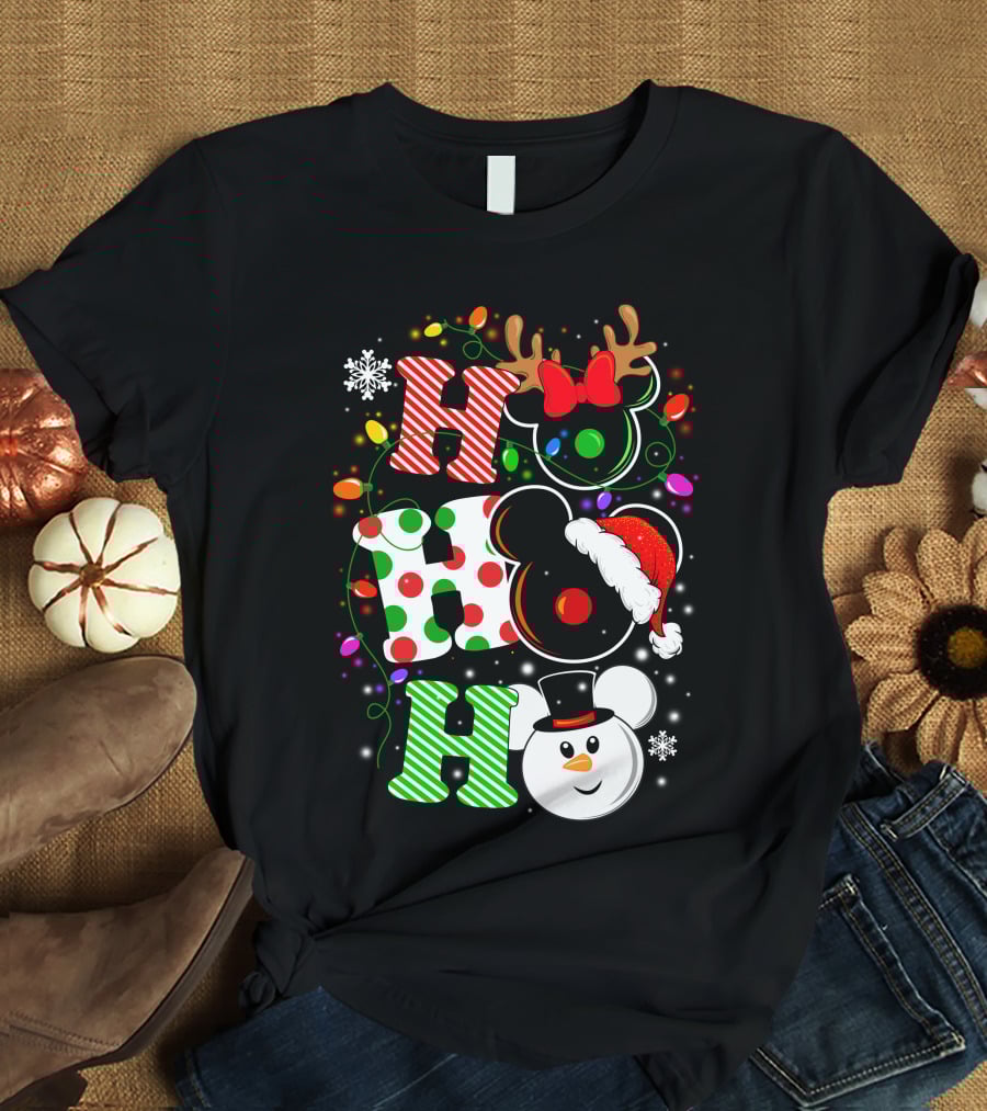 Disney Hohoho Christmas Mickey Mouse Holiday Lights Santa Hat Snowman Antlers T-Shirt