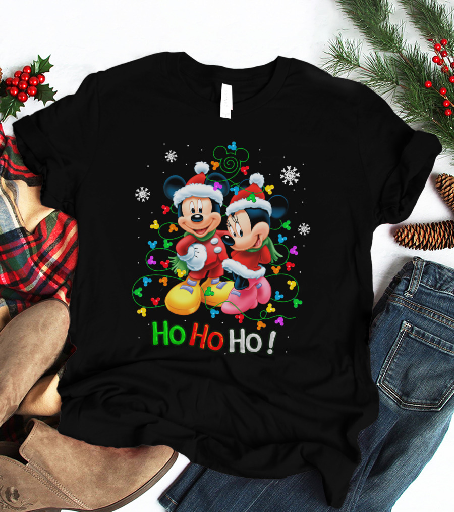 Mickey And Minnie Hohoho Christmas Santa Hats Snowflakes Holiday Tree Lights T-Shirt