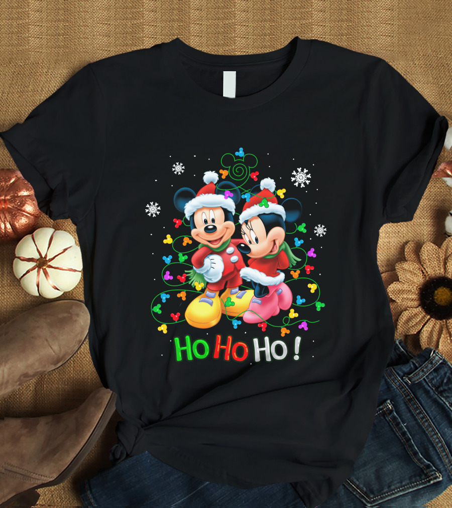 Mickey And Minnie Hohoho Christmas Santa Hats Snowflakes Holiday Tree Lights T-Shirt