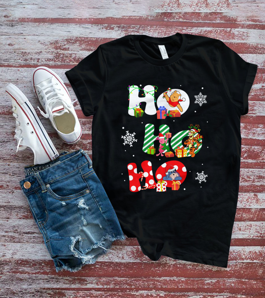 Ho Ho Ho Christmas Winnie The Pooh With Piglet Tigger Eeyore Holiday Snowflakes And Gifts T-Shirt