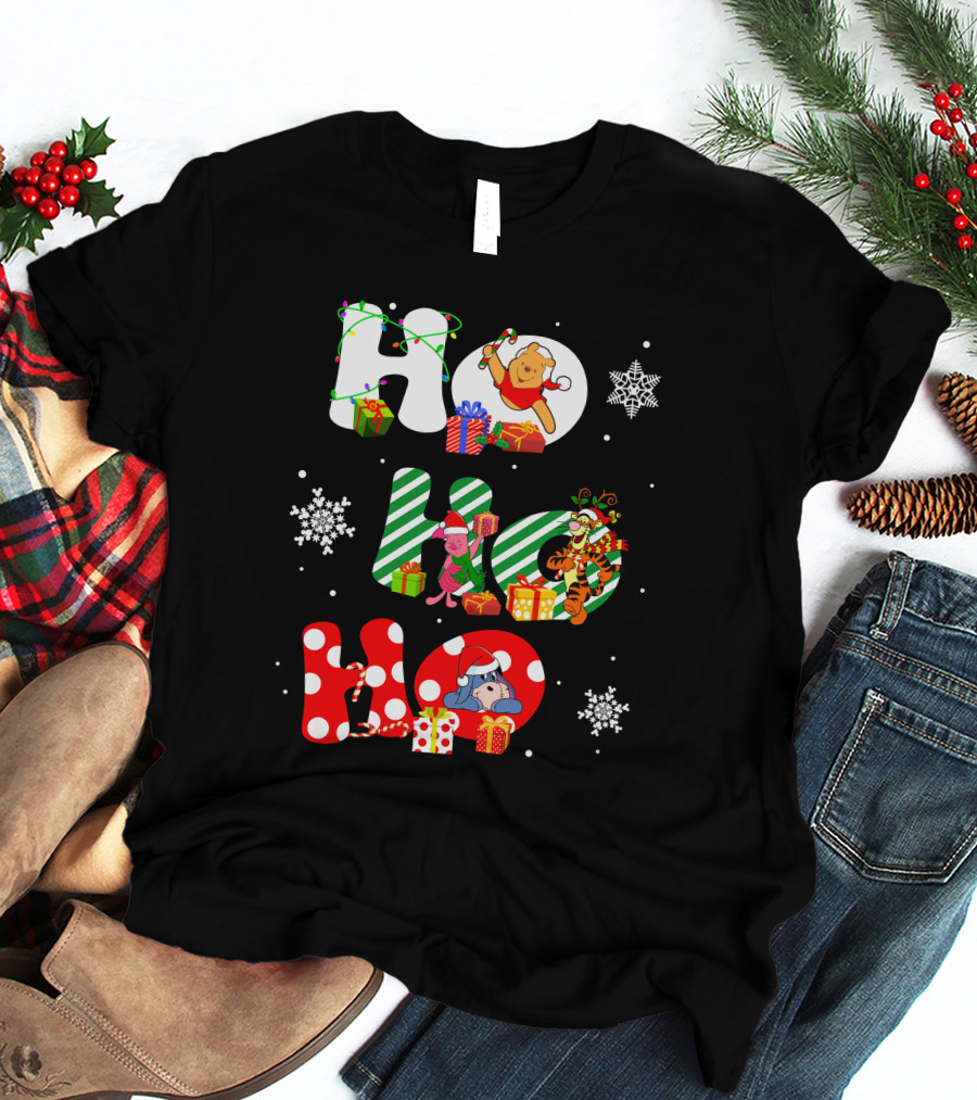 Ho Ho Ho Christmas Winnie The Pooh With Piglet Tigger Eeyore Holiday Snowflakes And Gifts T-Shirt