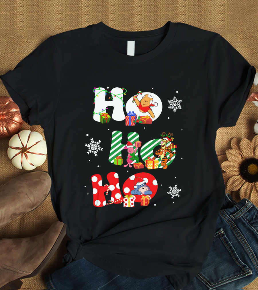 Ho Ho Ho Christmas Winnie The Pooh With Piglet Tigger Eeyore Holiday Snowflakes And Gifts T-Shirt