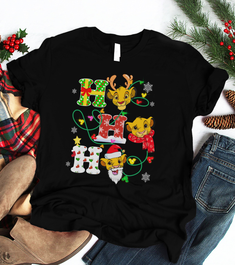 Simba Hohoho Christmas Holiday Festive Lion King Image With Santa Hat Reindeer Antlers Scarf Snowflakes T-Shirt