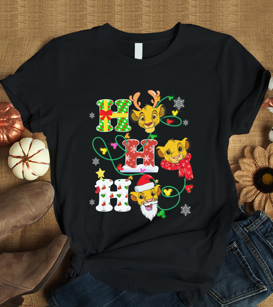Simba Hohoho Christmas Holiday Festive Lion King Image With Santa Hat Reindeer Antlers Scarf Snowflakes T-Shirt