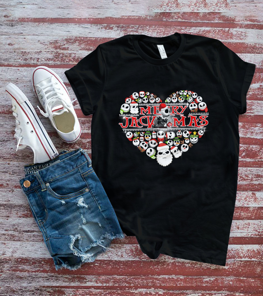 Merry Jackmas Heart Design With Santa Hats And Skulls T-Shirt