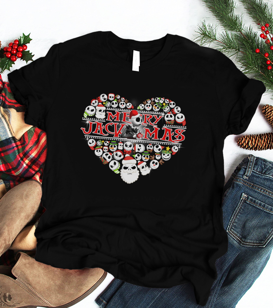 Merry Jackmas Heart Design With Santa Hats And Skulls T-Shirt