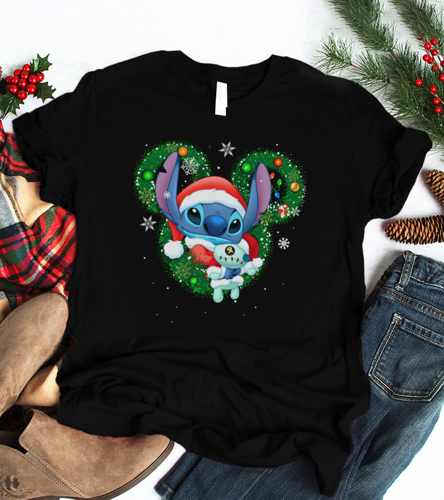 Stitch Christmas Santa Hat Holiday Wreath Snowflakes T-Shirt