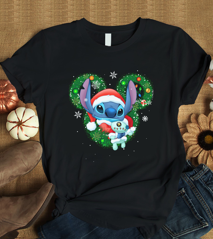 Stitch Christmas Santa Hat Holiday Wreath Snowflakes T-Shirt