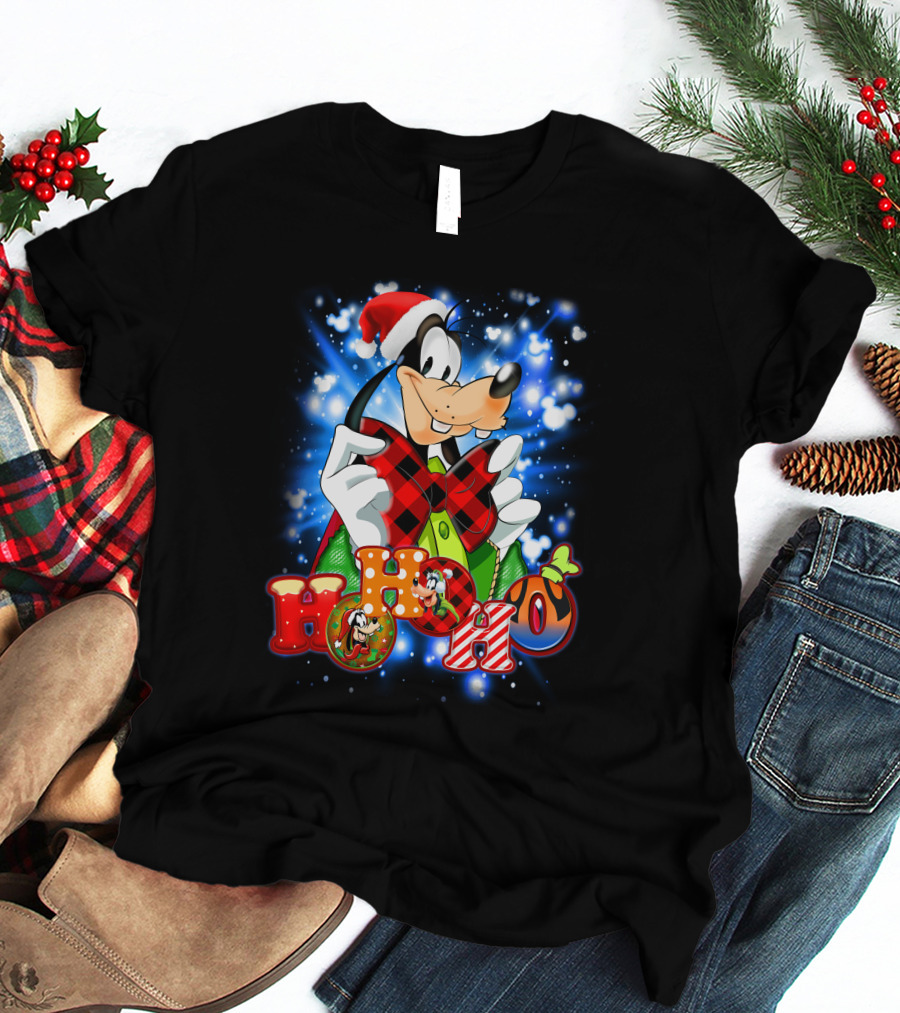 Goofy Hohoho Christmas Santa Hat Festive Bow Holiday Lights T-Shirt