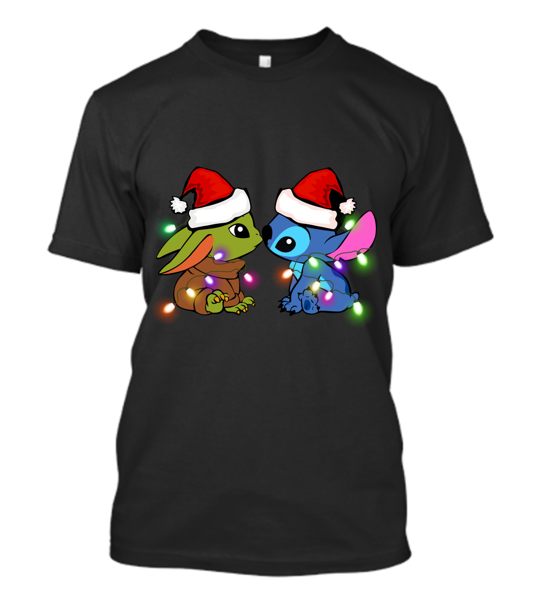 Baby Yoda And Stitch Christmas Lights Santa Hats T-Shirt