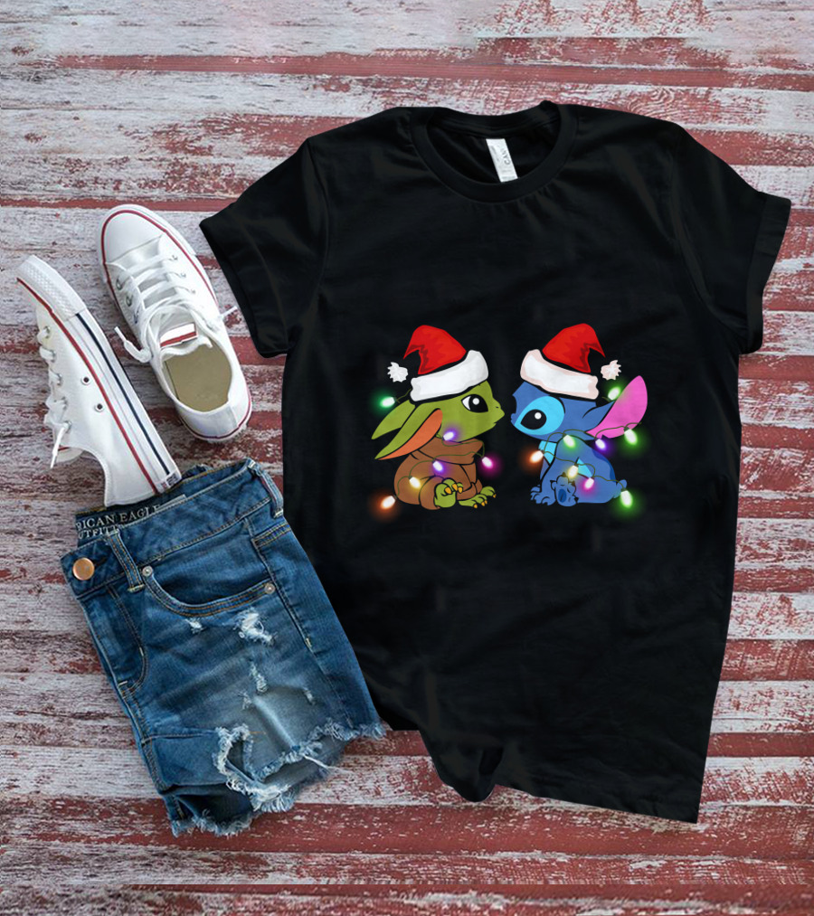 Baby Yoda And Stitch Christmas Lights Santa Hats T-Shirt