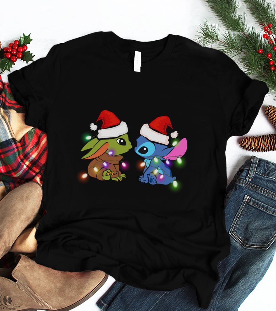 Baby Yoda And Stitch Christmas Lights Santa Hats T-Shirt