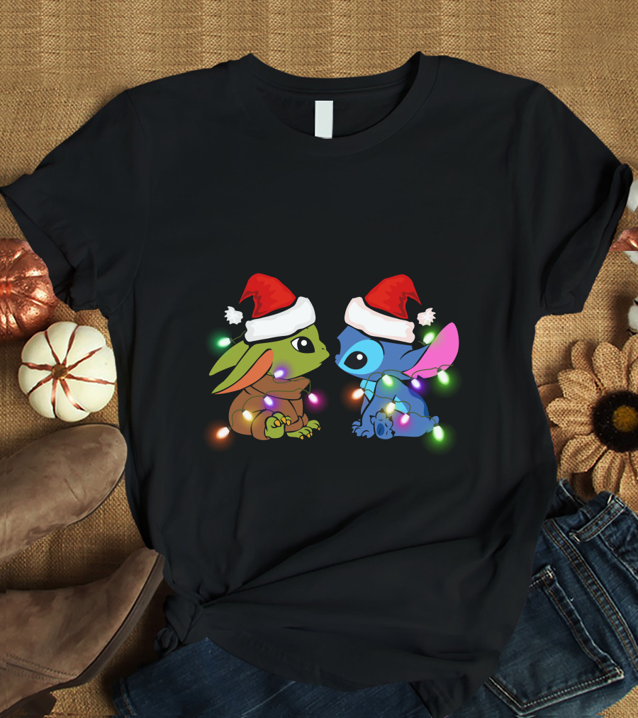 Baby Yoda And Stitch Christmas Lights Santa Hats T-Shirt
