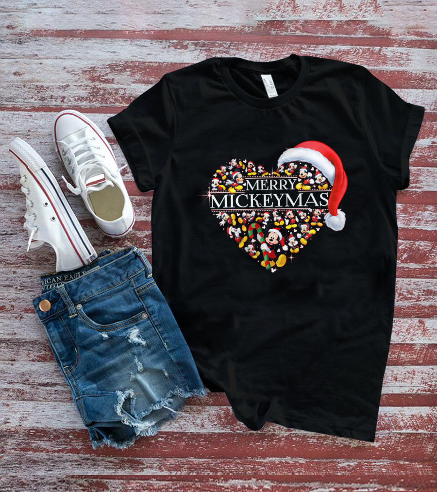 Merry Mickeymas Christmas Heart With Santa Hat And Mickey Characters T-Shirt