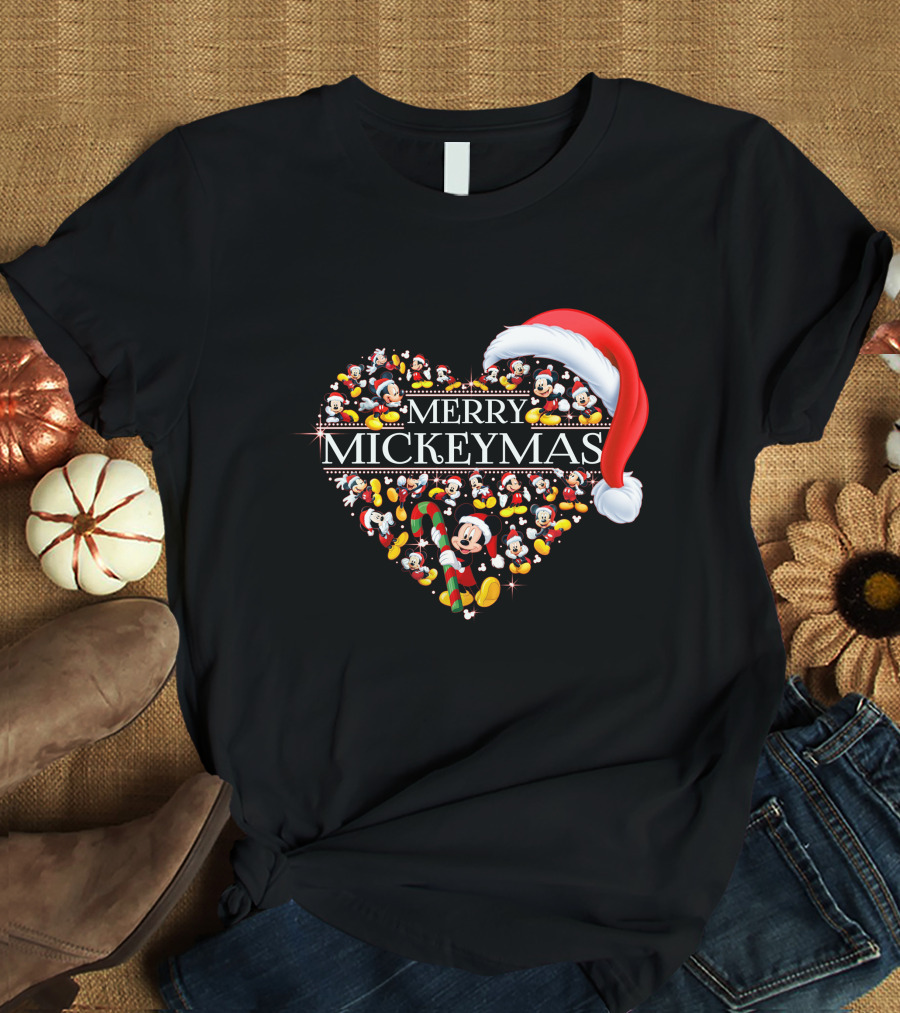 Merry Mickeymas Christmas Heart With Santa Hat And Mickey Characters T-Shirt
